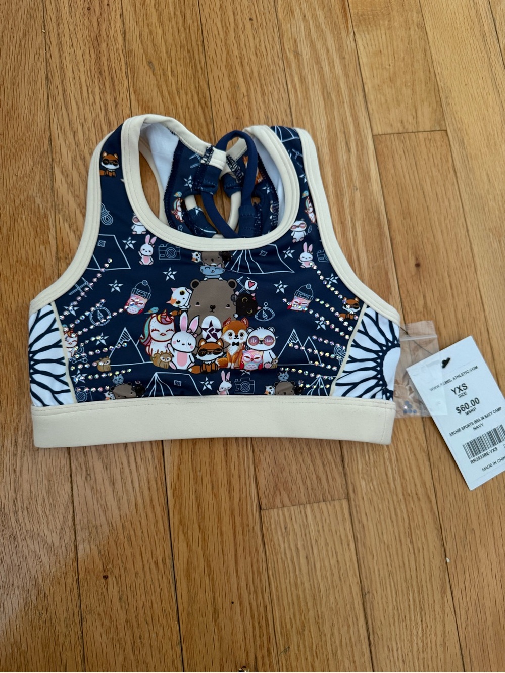 Rebel Athletic Kids YXS Sports Bra - Navy Animal Print with Rhinestone accents